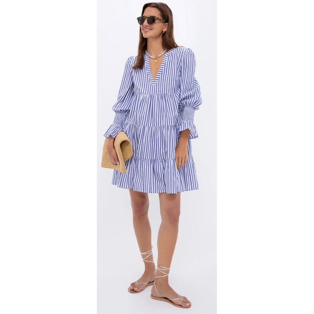 Tuckernuck Pomander Place Kenzo Dress L Blue White Stripe Tiered Poplin Smocked